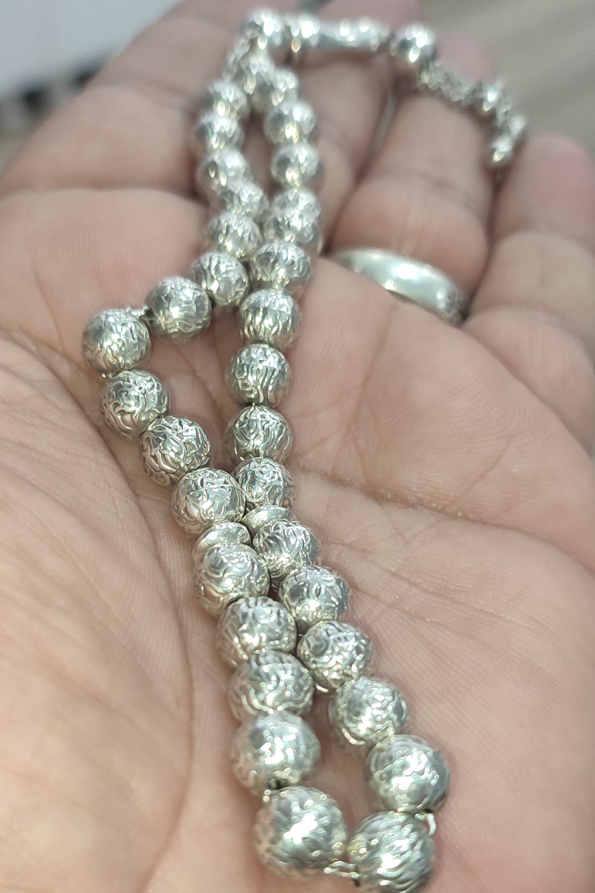 Full 925 Ayar 8 mm Üzeri İşlemeli Gümüş Tesbih 24 Gr - Görsel 3