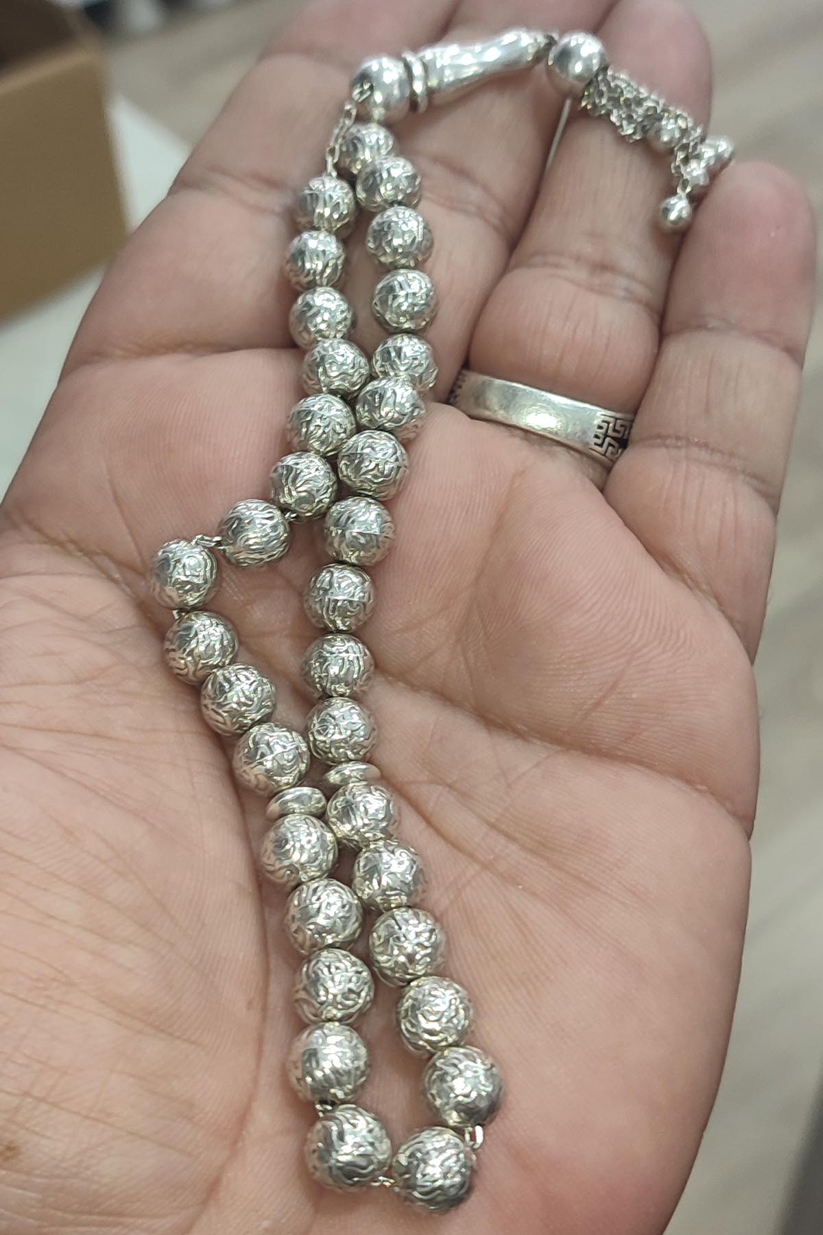 Full 925 Ayar 8 mm Üzeri İşlemeli Gümüş Tesbih 24 Gr