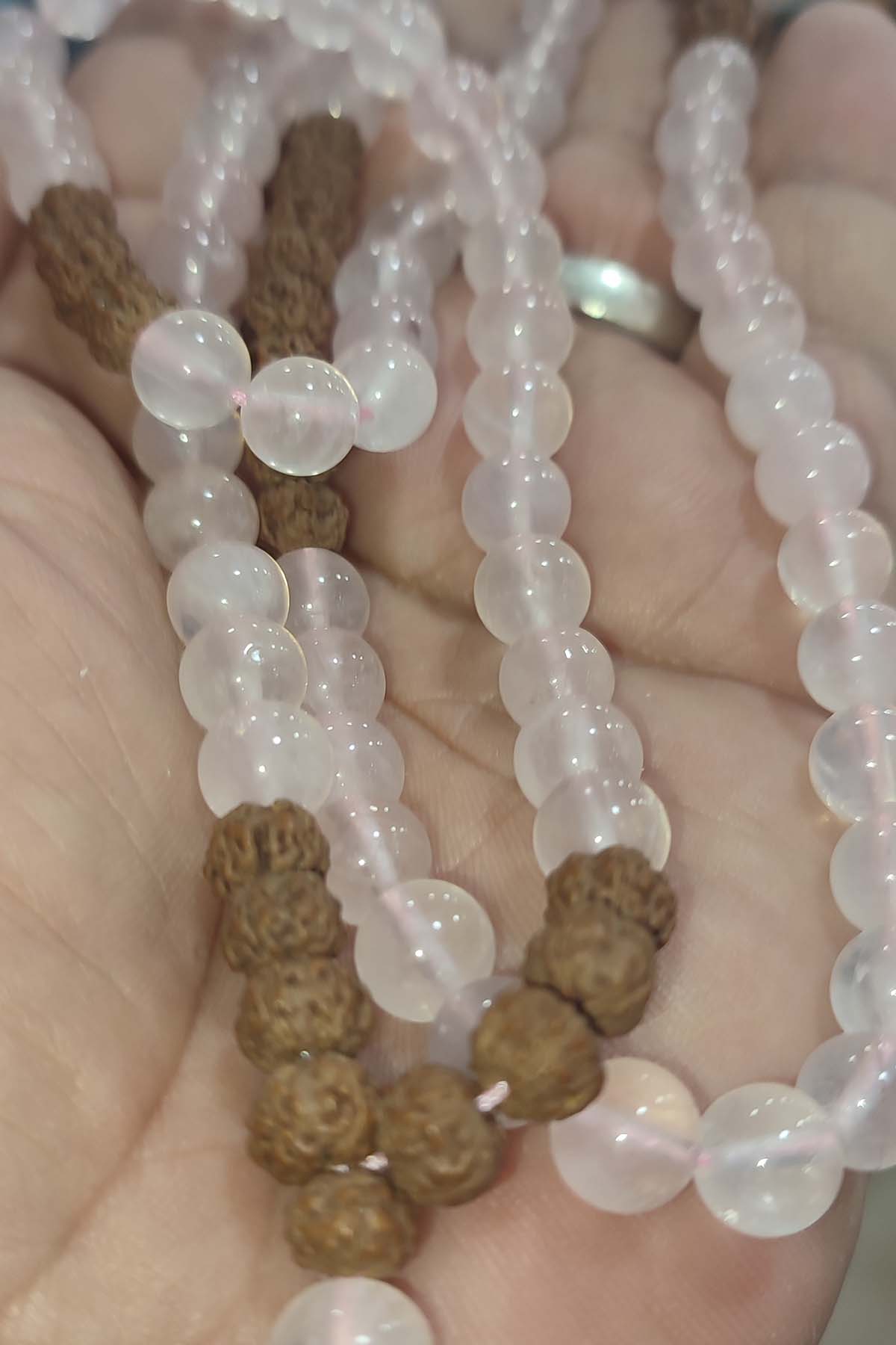 Pembe Kuvars Taşı Rudraksha Tohumu Habbeli Natural Namaz Tesbihi 108 Habbeli - Görsel 3