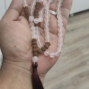 Pembe Kuvars Taşı  Rudraksha Tohumu Habbeli Natural Namaz Tesbihi 108 Habbeli