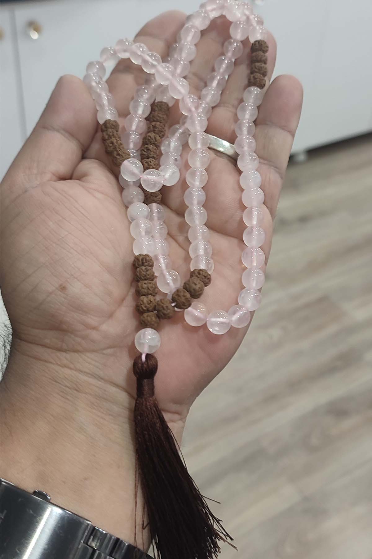 Pembe Kuvars Taşı Rudraksha Tohumu Habbeli Natural Namaz Tesbihi 108 Habbeli