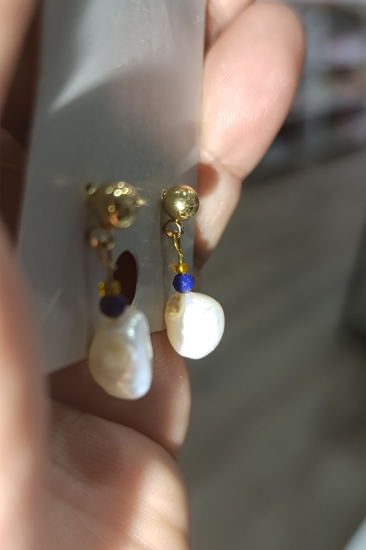 Sakız İncisi Lapis Lazuli Taşlı Doğaltaş Küpe - Görsel 3